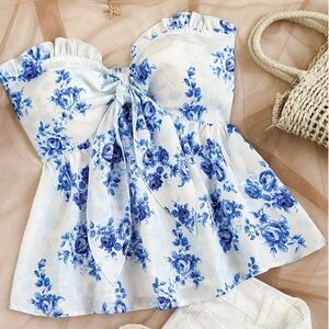 Chic Blue Ruffle Floral Women's Halter Top Size M